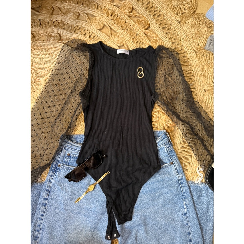 Vestique Black‎ Ribbed Swiss Dot Mesh Puff Sleeve Bodice Bodysuit Small - Picture 3 of 6